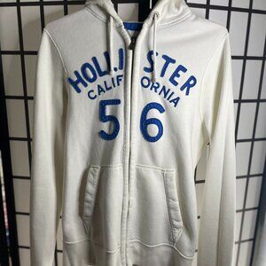 Hollister Women’s Zip-Up Hoodie White Blue Logo Size XL